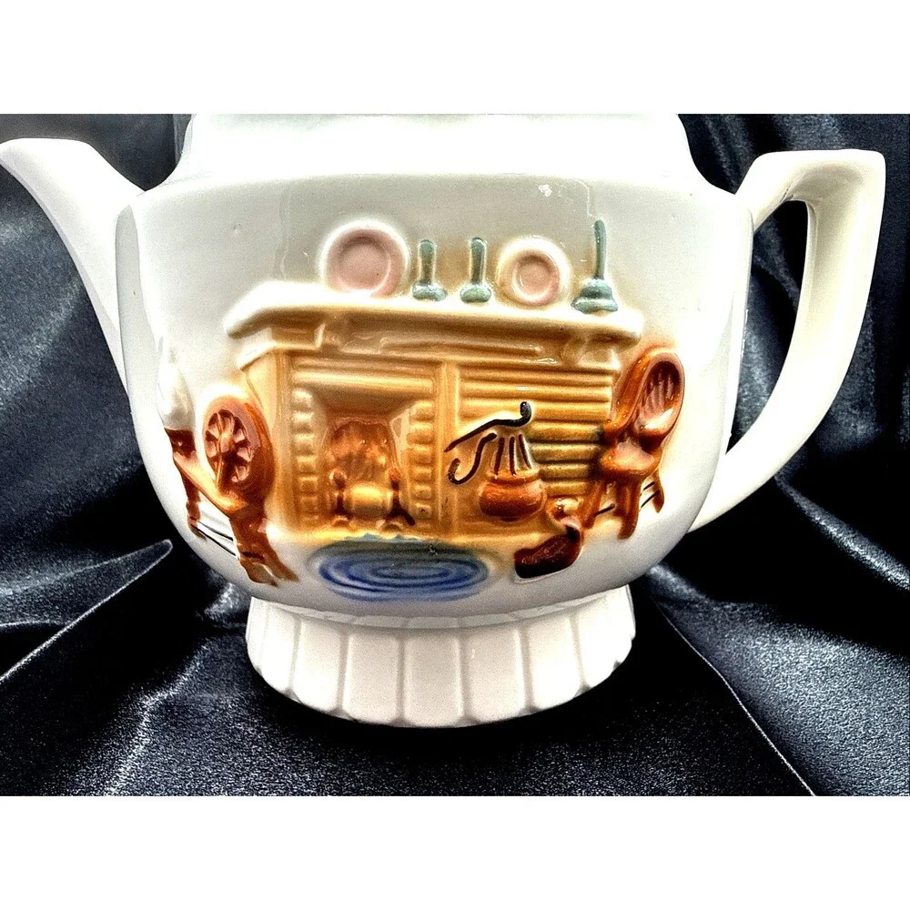 1930's Porcelier Vintage Ceramic Teapot Country Hearth Fireplace